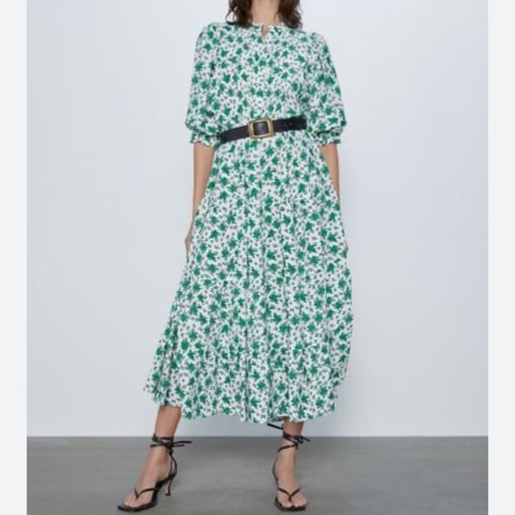 Zara Dresses & Skirts - Zara Green Ditsy Floral Puff Sleeve Flare Midi Dress Size M Prairie Cottagecore